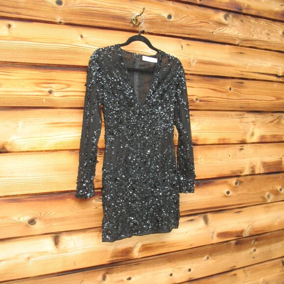 Mac Duggal 10976 Black Long Sleeve Sheer Embellished Mini Dress - Picture 6 of 12